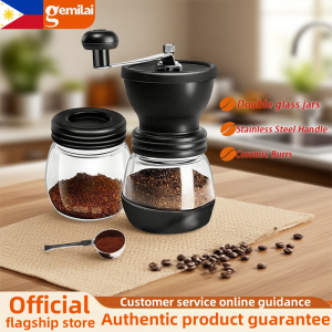 Easy Use Manual Coffee Grinder Ceramic Burr Mill with 2 Glass Jars Non-Slip Base Portable Hand Crank for Home & Travel Perfect Consistent Grind Classic Design