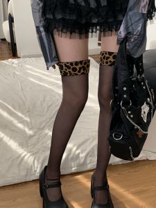 ถุงน่องผ้าไหมสีดำยาวถึงเข่าลายเสือดาวเซ็กซี่สำหรับผู้หญิงในช่วงฤดูใบไม้ผลิและฤดูใบไม้ร่วง ถุงน่องยาวถึงเข่า ถุงน่องลำลอง สไตล์ Y2K