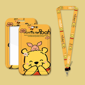 Cartoon Bear Long Lanyard Card Holder Protective Sleeve for Bus Pass Pick-up Card Access Control ID Protection Cover