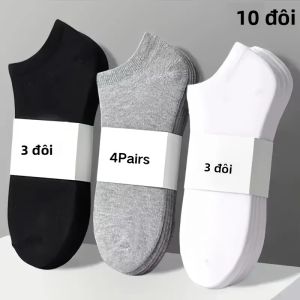Tất Nam Màu Trơn-10 Đôi Polyester Nhẹ Bền Thoáng Khí Cho Thể Thao Hàng Ngày Kép Tất Thuyền Dệt Kim Cắt Thấp