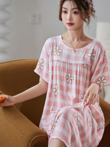 Yi Companion ผ้าฝ้ายชุดนอนผ้าไหมสําหรับผู้หญิงสไตล์เรียบง่ายฤดูร้อนพิมพ์ชุดขนาดใหญ่ PLUS ขนาดชุดนอน Crewneck แขนสั้น