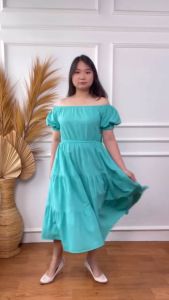 Mihar Store: Dress Flare Maxi Babydoll Undak Linen Polos Lengan Pendek & Dress Wanita Sabrina Kerut Casual Pesta Korean Style Terbaru Kekinian