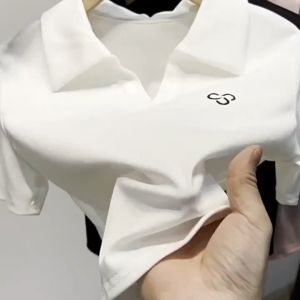 2024 Summer Womens Fashion Trend Pure Cotton Sweat-absorbing and Fashionable Irregular Shoulder Short Style Simple and Versatile Polo Neck Short Sleeve T-shirt