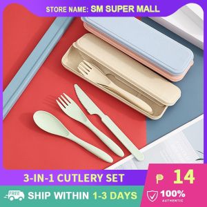 【Reusable】3-in-1 Spoon Chopsticks Fork Dinnerware Set Portable with Case Office Travel Wheat Straw Fiber Tableware Utensil Daily Use