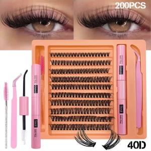 Bộ Mi Giả 40D Gồm 200 Cụm Kèm Keo Nhíp Cọ Tạo Vẻ Tự Nhiên & Bồng Bềnh Bộ Dụng Cụ Tự Làm Mi Giả