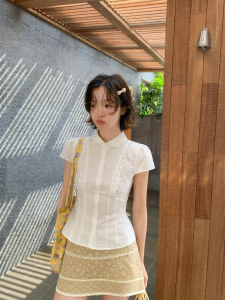 NIHAOKANONG | Áo Sơ Mi Ngắn Tay Ôm Body Elegent với Cổ Peter Pan