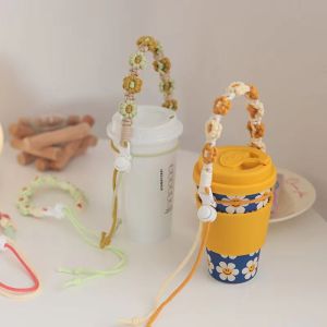 Portable Ins Daisy Flower Water Cup Lanyard Beverage Anti-Loss Rope Coffee Cup Handle Net Pocket Bag Insulated Mug Cover