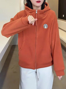 UYFY | Womens Orange Fleece Lined Thickened Casual Hoodie Jacket Autumn Winter New Style Sporty Loose Fit Versatile Outerwear