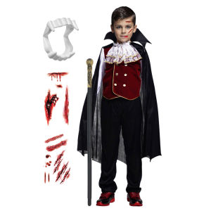 Boys Halloween Vampire Cosplay Costume Child Adult Vampire Clock Carnival Party Outfit Costumes with False Teeth Walking Cane