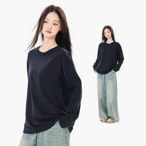 New Pure Color Long Sleeve Cotton Base Shirt Womens Heavyweight 230g Loose Casual Inner Wear Outer Wear T-Shirt Top