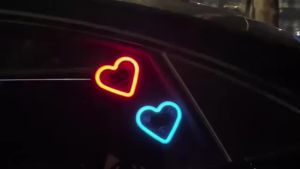 Solar Glowing Heart Ambient Light Wiring Free Rechargeable LED Atmosphere Neon Lamp For Car Interior Triangle Window Decoration