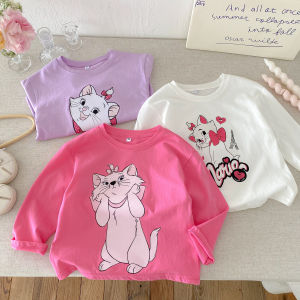 Marie Cat Pattern Girls Blouse Crew Neck Pullovers Autumn Clothing Loose Casual Base Shirts Kids Long Sleeve T-shirt Tops 1-7Y