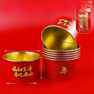 Red Gold Foil Paper Bowl Wedding Banquet Food Grade round Rice Bowl Party Cup Bowl Set Home Use Birthday Disposable Tableware