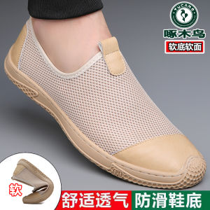 Woodpecker Mens Summer New Breathable Soft Bottom Mesh Slip-On Casual Sandals Dad Comfortable Shoes Flat Heel Rubber Sole