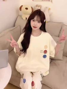 Summer Cotton Pajamas with Breast Pads for Teenagers Short Sleeves and Cropped Pants Pyjamas Set Woman Girls Cute Cartoon Casual Style Home Clothes Can Be Worn Outside
