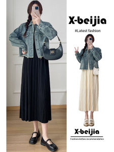 Fall Fashion plus SizeMM Small Fragrance Style Denim Jacket And Dress Two-Piece Set Korean Drama Inspired High Waist A-Line Skirt