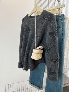 Áo Len Lấp Lánh Dày Cho Nữ Phong Cách Lười Biếng Mùa Thu Đông Cổ Tròn Dài Vừa Phải Chất Liệu Khác Thiết Kế Đơn Giản