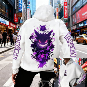Black Cotton Pokemon Hoodie with Gengar Character Back Print and Purple Ghost Design Long Sleeve Anime Sweatshirt for Men Women