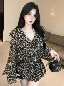 GUZILIAN | French Style Loose V-Neck Leopard Print Bell Sleeve Chiffon Top With Belt High Waist Design Long Sleeve Autumn Fashion For Girls