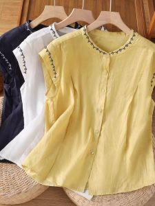 เสื้อเชิ้ตผ้าลินินสีพื้นปักลายทรงหลวมสำหรับผู้หญิงในช่วงฤดูร้อนปี 2025 เสื้อเชิ้ตแขนยาวแบบลำลองสำหรับใส่ไปทำงานสไตล์เกาหลี