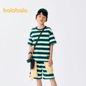 Balabala Childrens Clothing Childrens Suit Boys Summer Clothing Medium Childrens Two Piece Set Contrast Color Stripes Casual Fashion Handsome