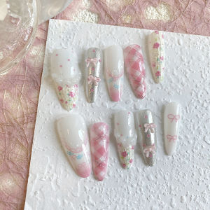 เล็บปลอมทรงรีปลายแหลมยาวกดมือ 10 ชิ้น เล็บปลอมสวย ชมพูขาว โบว์น่ารัก เหมาะสําหรับผู้หญิง