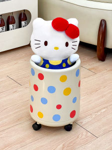 Cute Polka Dot Large Capacity Trash Can Mobile with Wheels Bedside Storage Bucket Dormitory High Aesthetic Value Ins Style