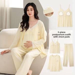 miiow | Pregnant Women Sleepwear V-neck Long Sleeve Summer Three-piece Set With Chest Pad Cat Person MiiOW Ladies Home Clothes