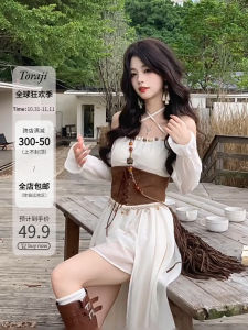 ชุดเดรสยาวคอวีแขนยาวผ้าฝ้ายผสมสไตล์โบฮีเมียนฝรั่งเศสสำหรับผู้หญิงในฤดูใบไม้ร่วง ชุดเดรสยาวปานกลางแบบลำลอง