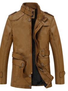 Winter Motorcycle Clothing Leather Clothing with Stand Collar Jacket Fleece-Lined Thickened Mens Fur Integrated Leather Wind Coat Mid Length Long Length Trendy Coat