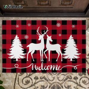 VIKAMA Red and Black Check Christmas Doormat Durable Non-Slip Entrance Hallway Mat Bathroom Rug Festive Home Decor