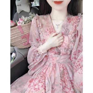 Floral Print Chiffon Long Sleeve Fitted Womens Dress