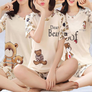 ชุดนอนสองชิ้นแขนสั้นคอกลมกางเกงขาสั้นสำหรับผู้หญิงใส่ในฤดูร้อนชุดใส่อยู่บ้านสำหรับเด็กผู้หญิงชุดนอนนักเรียนยืดหยุ่นและบางทรงหลวม