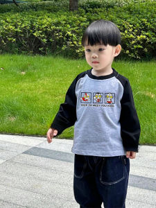 Boys Cotton Long Sleeve T-Shirt Cartoon Superhero Design Spring Autumn Lightweight Color Block Ultraman Top Trendy Cool Kids Clothing