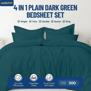 4-in-1 Dark Green Bedding Set Fitted Sheet Zipper Duvet Cover 2 Pillowcases Soft Hotel Quality Bedsheet Set for Bedroom Comfortable Mattress Cover All Sizes