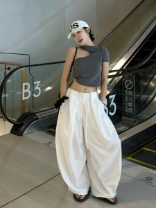 VKSOD | ชุดสองชิ้นสไตล์เกาหลี ชุดกระโปรงขายาวขาบานสีขาว แขนสั้น ทรงหลวม ทรงเข้ารูป เอวสูง สำหรับผู้หญิง