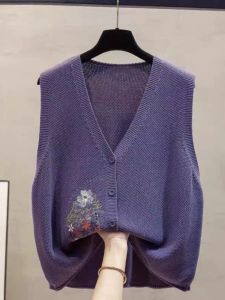 Áo Len Cardigan Dệt Kim Thêu Cotton Dáng Rộng Không Tay Cổ Chữ V Khóa Nút Mùa Xuân Thu Phong Cách Hàn Quốc Cho Nữ
