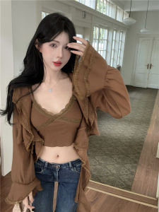 GUZILIAN | Retro Lace Trim Shirt Jacket Womens Summer Fashion Two-Piece Set Slim Fit Strap Vest Trendy Pure Desire Style Long Sleeve