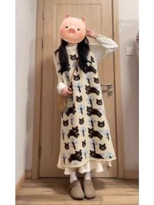 พลัสไซส์ การ์ตูน ลูกแมวปัก ถัก เดรส เสื้อกั๊ก กระโปรง หญิง ฤดูใบไม้ผลิ ฤดูใบไม้ร่วง สไตล์ใหม่ พรางหุ่น ยาวต่ออายุ แขนกุด