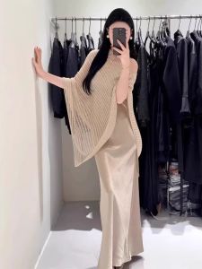 Elegant Asymmetrical 3D Knitted Cover up Womens Summer Lazy Style Hollow out Sun Protection Shawl Cowl Neck Sleeveless Top