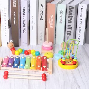 Combo 6 món Đồ chơi cho bé bằng gỗ Freeship đồ chơi giáo dục luồn hạt - sâu gỗ - đàn gỗ - cầu vồng - thả hình - đồng hồ