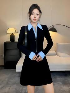 Retro American Splice Black Dress Womens Autumn New Style French Elegance Waist Cinching Short Skirt Long Sleeve Polo Collar