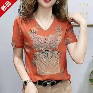 Internet Celebrity New Version Fashion V Neck Short Sleeve Women T-shirts Middle age Mother Clothes Temperament Plus Size Loose and Thin Tops Casual tees