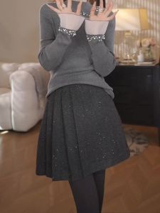 Deep Grey Thin Shiny A-Line Mini Skirt Spring 2025 New Fashion High Waist Design Casual Commute Korean Style Half Body Skirts