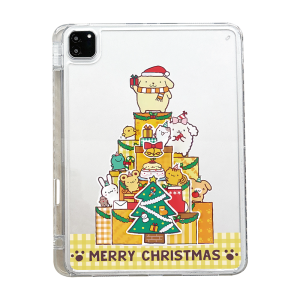 Cartoon Christmas Pudding Dog Acrylic iPad Protective Case with Pen Slot No Lid Anti-Bend Transparent Cover for 10th Generation iPad