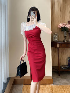 Red Bodycon Dress Womens Elegant Summer New Daily Wear Belly Cover Split Party Dress Skirt Short Sleeve High Waist Zipper