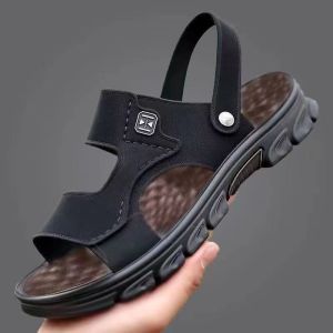 Leather Mens Sandals Casual Thick Bottom Beach Shoes Breathable Wear-Resistant Anti-Slip Soft Bottom Outdoor Indoor Shoes