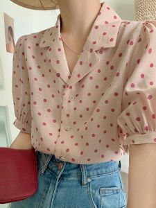 Pink Polka Dot Short Sleeve Suit Collar Shirt Women Summer Thin Lightweight Maturity Design Sweet Anti-Aging Top