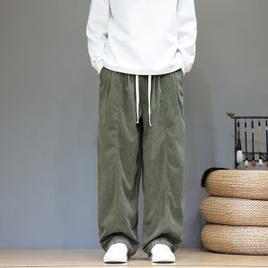 Black Corduroy Wide Leg Pants Mens Autumn Winter Loose Fit Lazy Style Floor Length Trousers Harajuku Style High Waist Elastic Waistband
