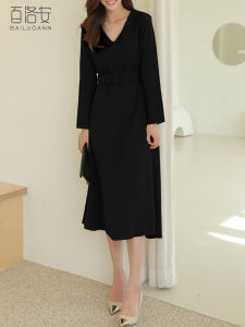 BAILUOANN | Bailuan V-neck Long Sleeve Dress Autumn New Style Elegant Lady Mid-length A-line Skirt Commute Slimming Dress Pure Color